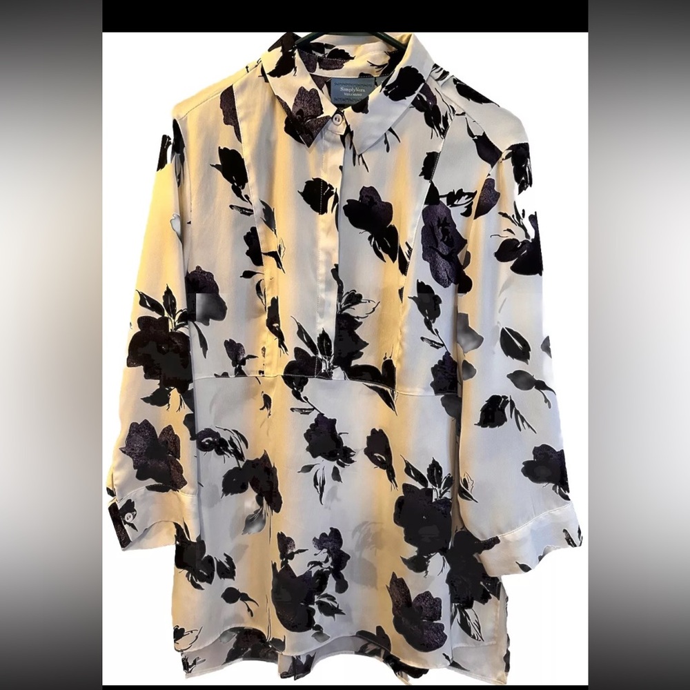 SIMPLY VERA  WANG  3/4 Sleeve Black Purple White Floral Top Sz XL EUC